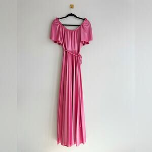 Vintage 70s Pink Maxi Dress Off Shoulder Pleated Flutter Sleeve Party Gown Small